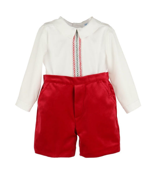 Luli & Me Boys Deluxe Velvet Shorts Set - Embroidery Shirt - Red