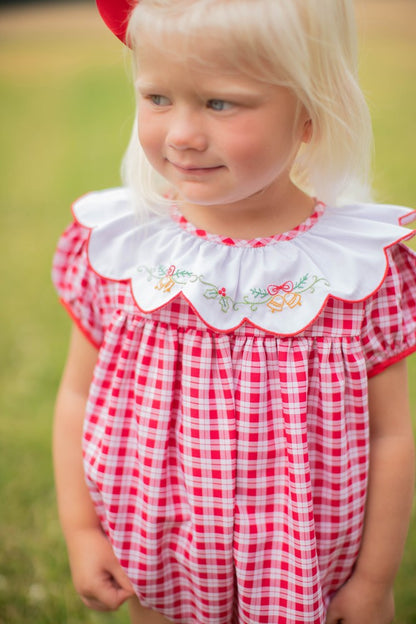 Proper Peony Baby Girls Christmas Bubble - Red Check Embroidered Golden Bells