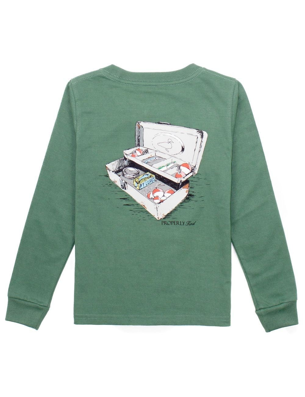 Properly Tied Boys Shirt - Logo Pocket on Front - Back Graphic - Fishing Tackle Box on Fern Green