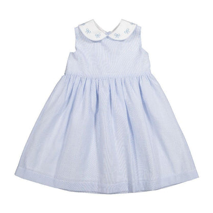 Sal & Pimenta Girls Blue Seersucker Sleeveless Dress - Embroidered Bows on Collar
