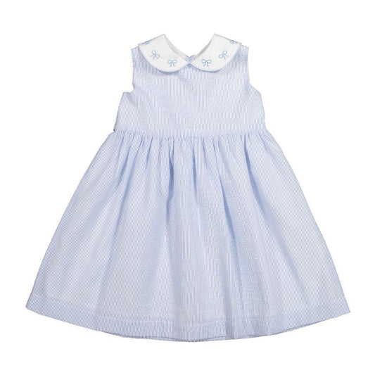 Sal & Pimenta Girls Blue Seersucker Sleeveless Dress - Embroidered Bows on Collar