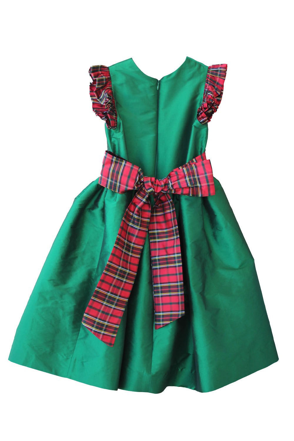 Susanne Lively Girls Emerald Green Christmas Dress - Red Holiday Plaid Sash & Flutter Sleeves