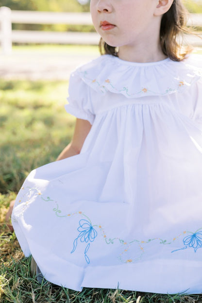 Proper Peony Girls Beatrice Bow Dress - White - Blue Bow Embroidery