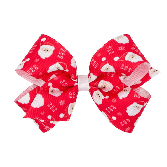 Wee Ones Girls Grosgrain Holiday Print Hair Bow - Red Santa Claus HO HO HO
