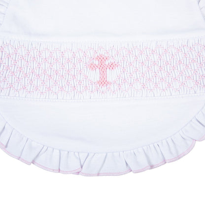 Magnolia Baby Girls Blessed Pink Smocked Cross Ruffle Bib