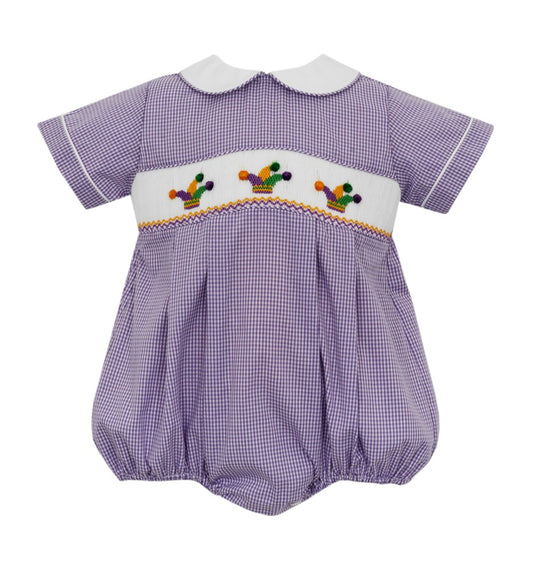 Petit Bebe Baby Boys Purple Gingham Smocked Mardi Gras Bubble
