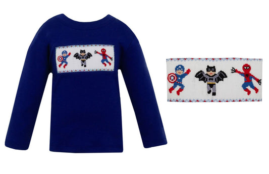 Anavini Velani Toddler Boys Royal Blue Shirt - Smocked Super Heroes