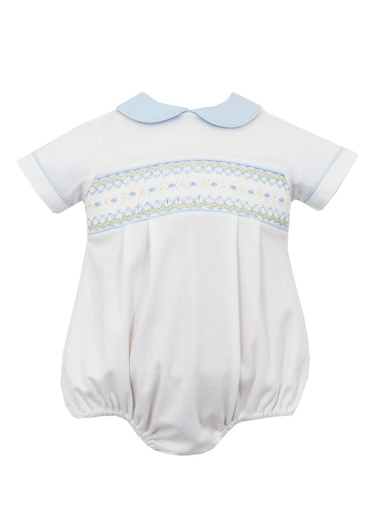 Petit Bebe Knits Baby Boys Bubble - White - Smocked in Blue with Collar by Petit Bebe