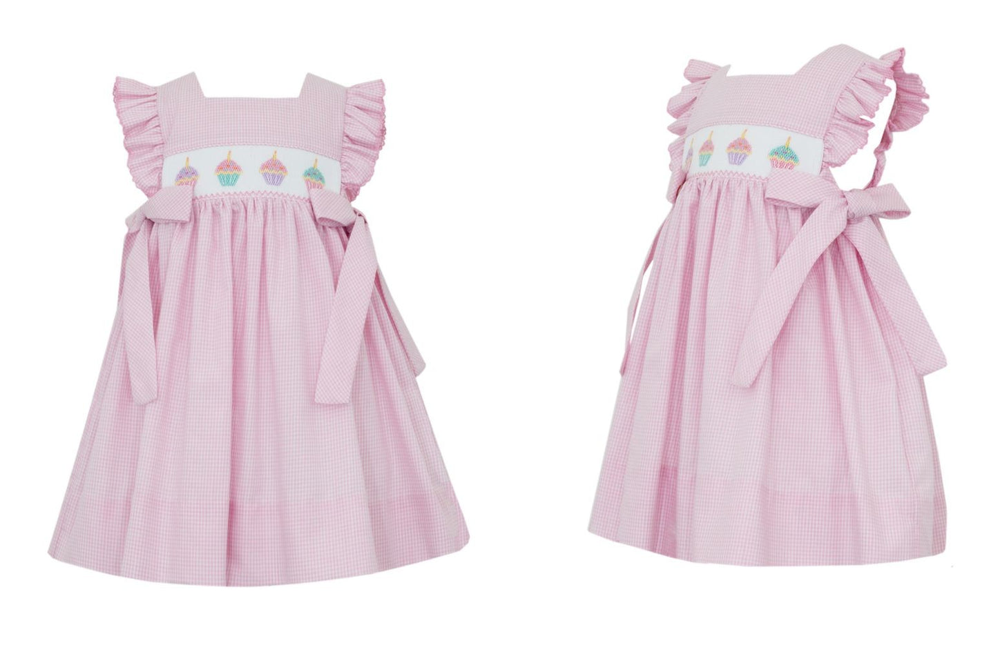 Petit Bebe Baby Girls Pink Gingham Smocked Birthday Cupcakes Dress - Side Bows