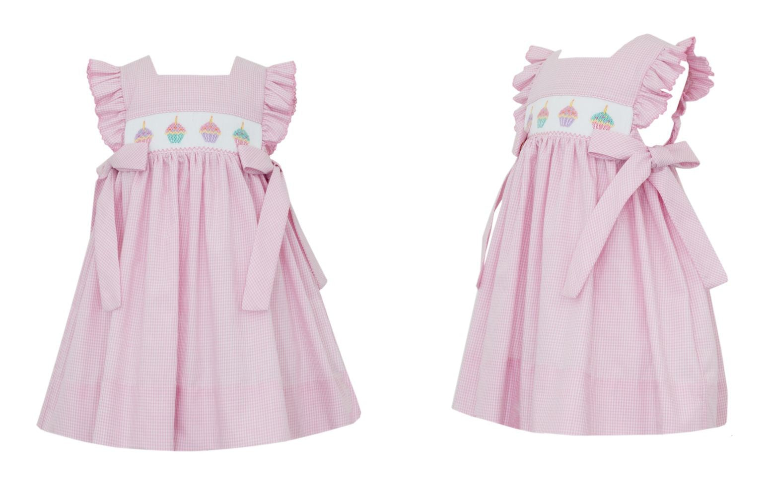 Petit Bebe Baby Girls Pink Gingham Smocked Birthday Cupcakes Dress - Side Bows