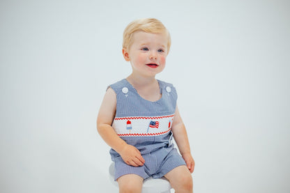 Shop Teeta Boys Blue Check Smocked Patriotic Jon Jon