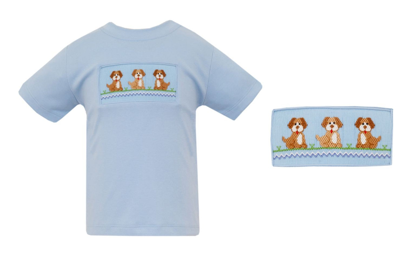 Anavini Velani Toddler Boys Light Blue Shirt - Smocked Puppy Dogs