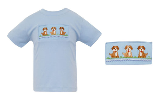 Anavini Velani Toddler Boys Light Blue Shirt - Smocked Puppy Dogs