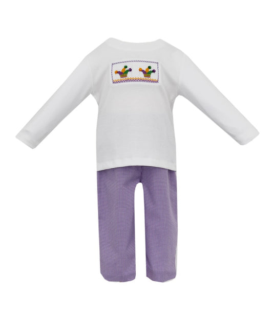 Petit Bebe Toddler Boys Purple Gingham Pants with Smocked Mardi Gras Shirt