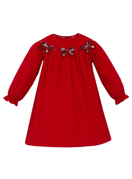 Claire & Charlie Girls Red Corduroy Bishop Dress with Holiday Plaid Bows
