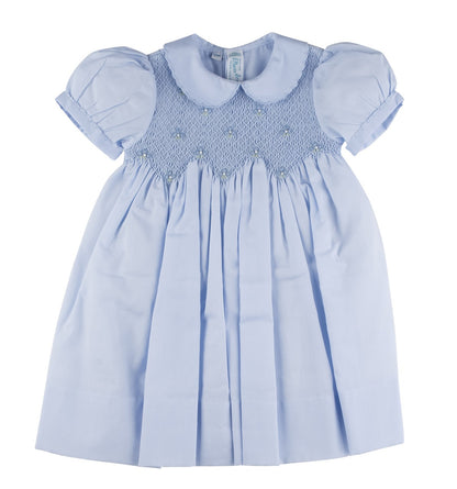 Feltman Brothers Baby / Toddler Girls Scalloped Pearl Smocked Dress - Blue