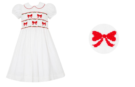 Anavini Couture Girls Winter White Corduroy Dress - Fully Smocked Bodice Red Bows