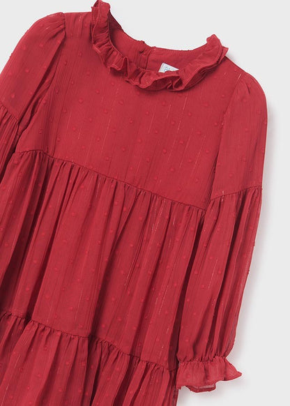 Abel & Lula Girls Plumetti Dotted Swiss Tiered Dress - Raspberry Red