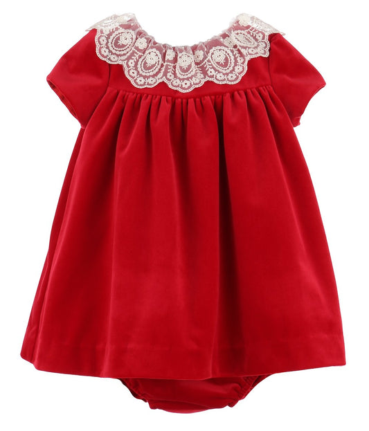Luli & Me Girls Deluxe Velvet Float Dress - Lace Collar - Red