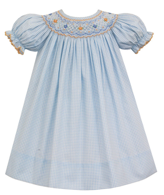 Petit Bebe Baby / Toddler Girls Smocked Bishop Dress - Light Blue Check Smocked in Coral by Petit Bebe