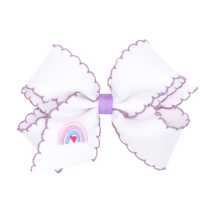 Wee Ones Girls Hair Bow on Clip - White with Lavender Moonstitch - Lavender Rainbow