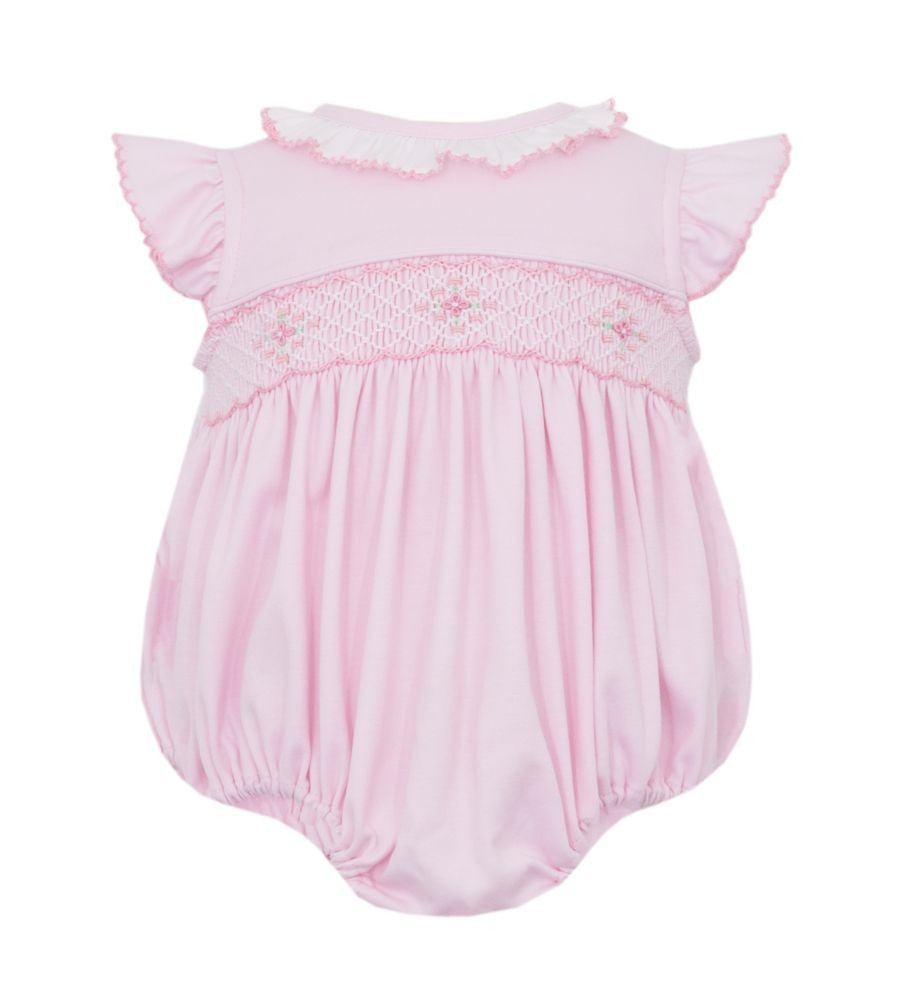 Petit Bebe Knits Baby Girls Pink Smocked Bubble - Ruffle Neck