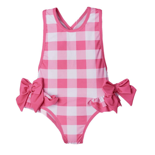 Sal & Pimenta Girls Swimsuit - Hot Pink Jam Buffalo Checks - Bows on Hips