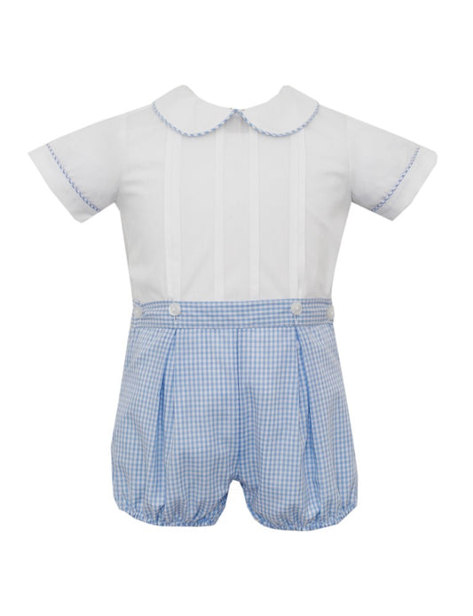 Anavini Couture Boys Blue Gingham Button On Shorts Set - White Top