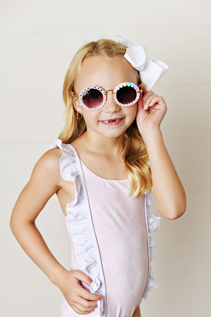 Swoon Baby Girls UPF 50 Pink Bow Trellis Swimsuit - Bow on Back