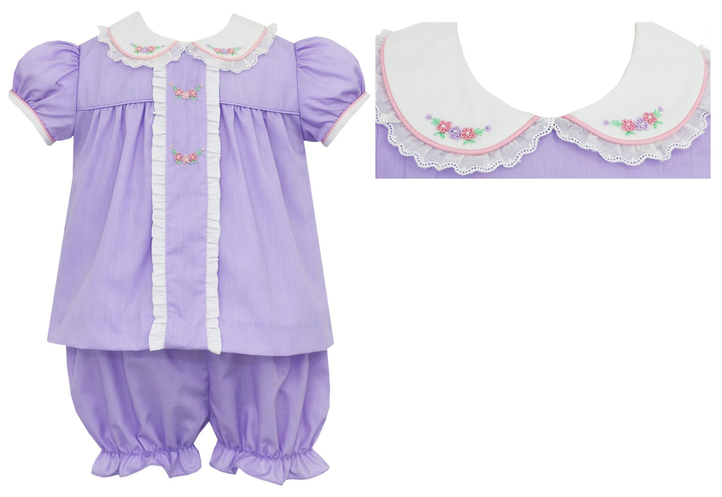 Claire & Charlie Baby / Toddler Girls Pleated Lavender Bloomers Set - Embroidered Eyelet Collar