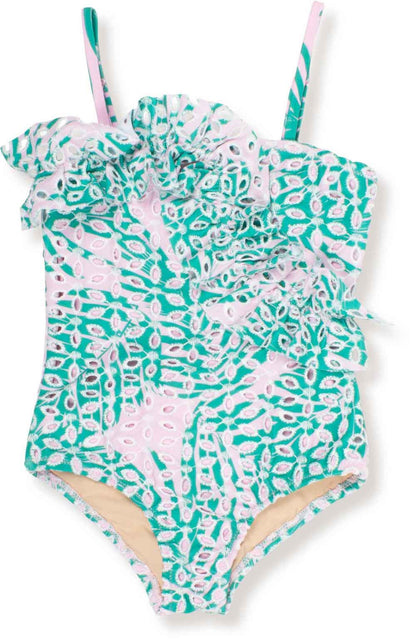 Shade Critters Girls One Shoulder Ruffle Swimsuit - Botanical Eyelet