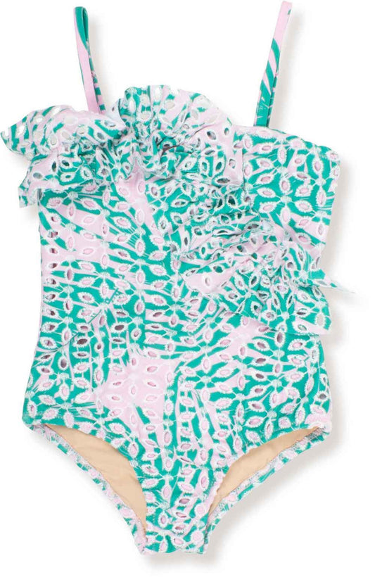 Shade Critters Girls One Shoulder Ruffle Swimsuit - Botanical Eyelet