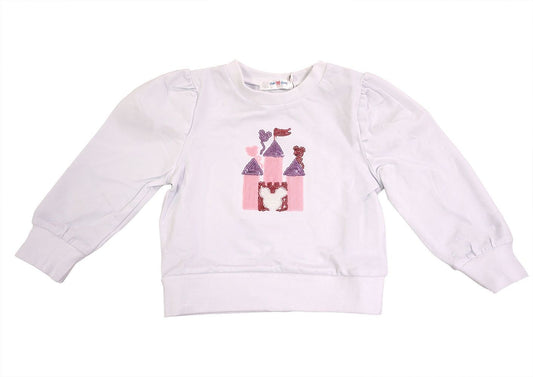 LuLu BeBe Girls Sequins Mouse Castle Puff Sleeve Top - White with Long Sleeves