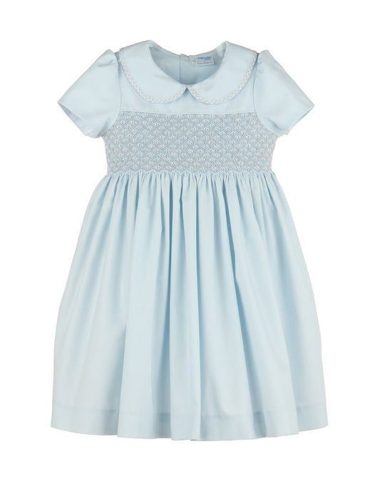 Luli & Me Girls Classic Blue Dress - Fully Smocked Bodice - Peter Pan Collar