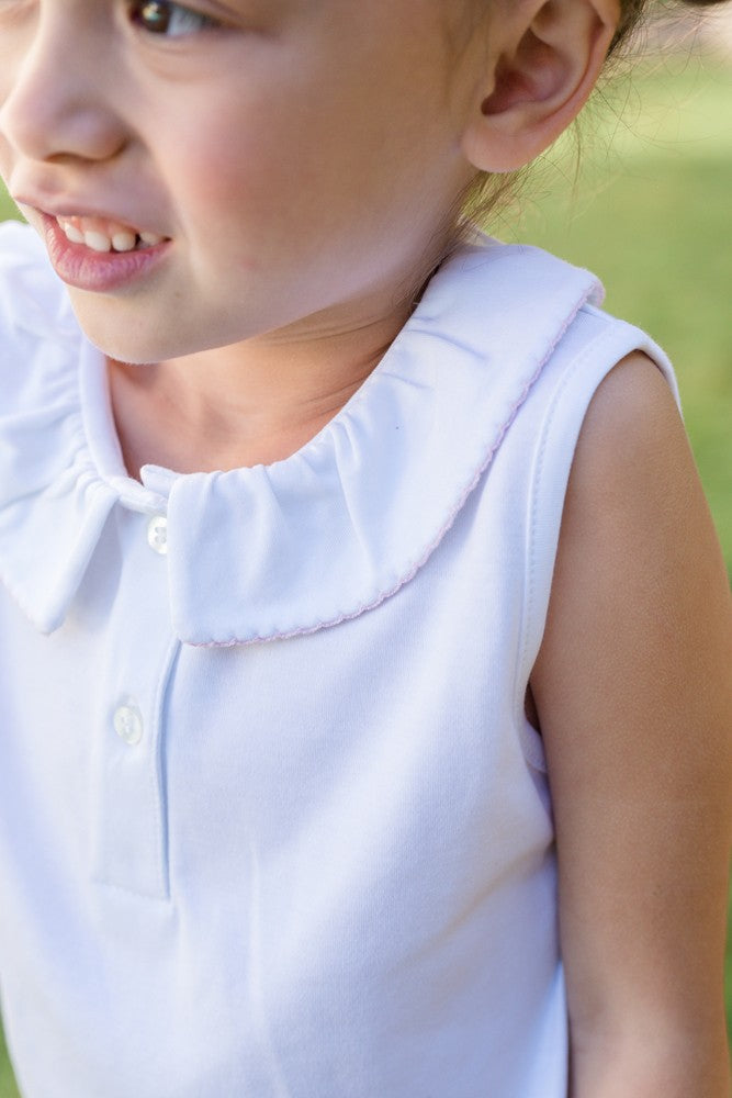 Proper Peony Girls Sleeveless White Pima Top - Trimmed in Pink
