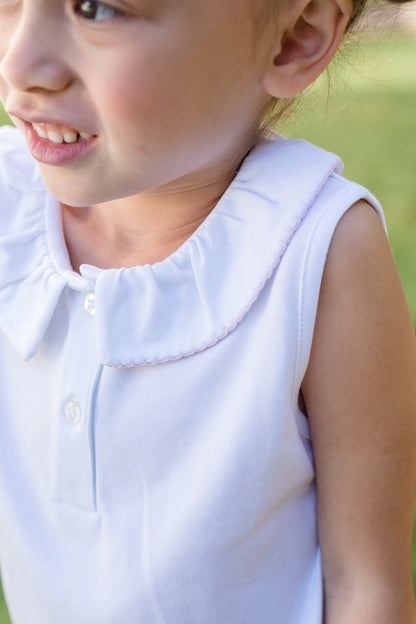 Proper Peony Girls Sleeveless White Pima Top - Trimmed in Pink