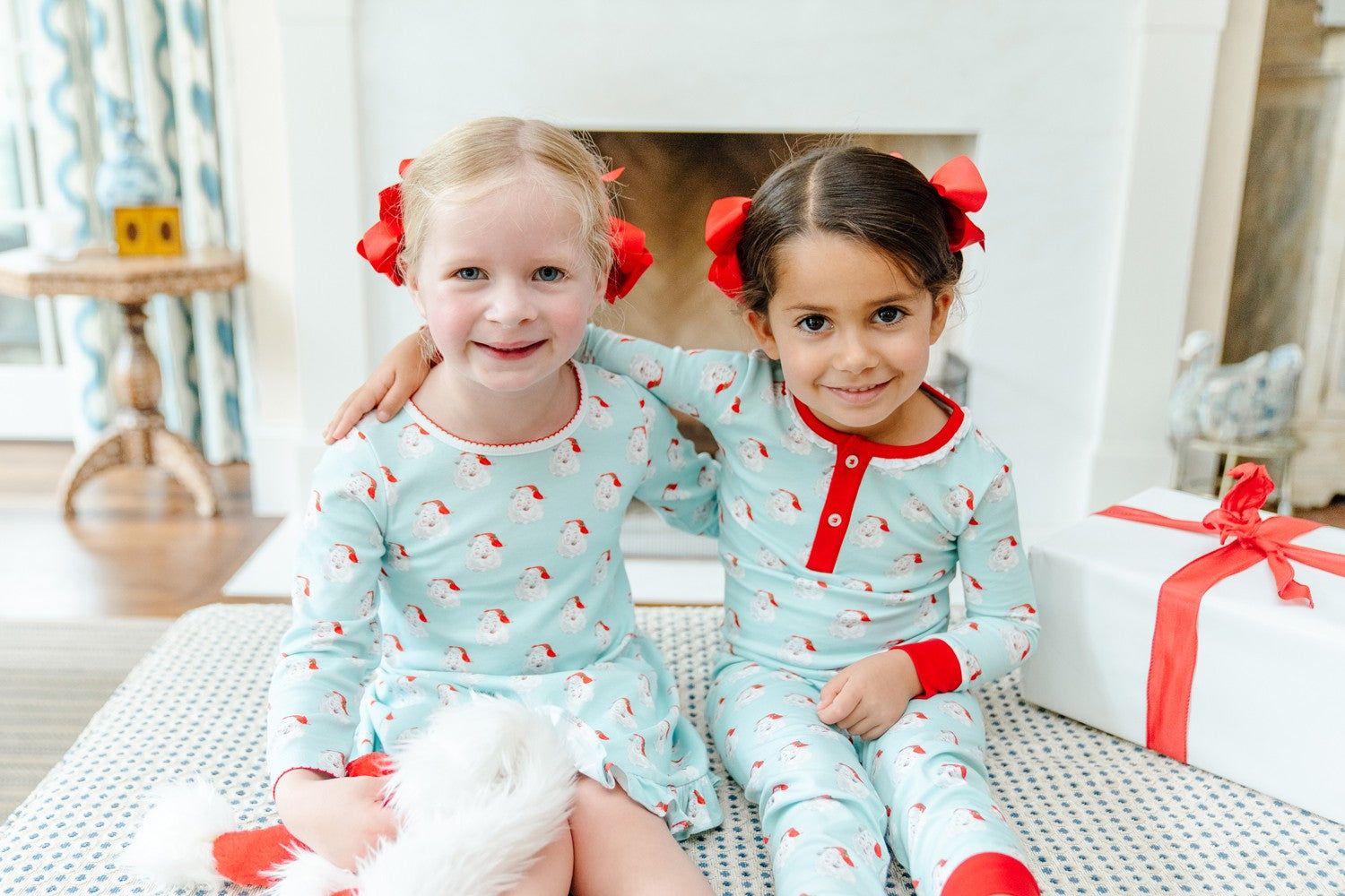 Proper Peony Pima Girls Two Piece Ruffle Pajamas - Jolly Santa