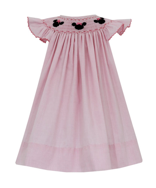 Petit Bebe Girls Pink Check Dress - Smocked Mouse Ears