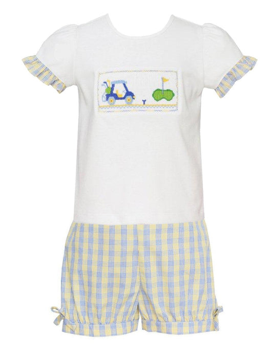 Anavini Girls Blue / Yellow Plaid Shorts with Smocked Golf Top