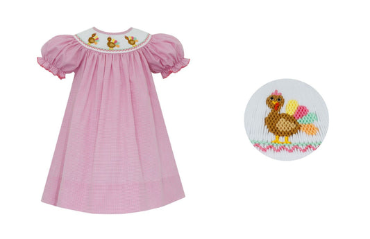 Petit Bebe Girls Pink Check Smocked Thanksgiving Turkeys Dress - Bishop