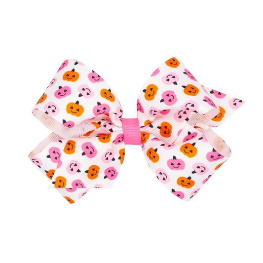 Wee Ones Girls Hair Bow on Clip - Pink & Orange Halloween Jack O'Lanterns Print