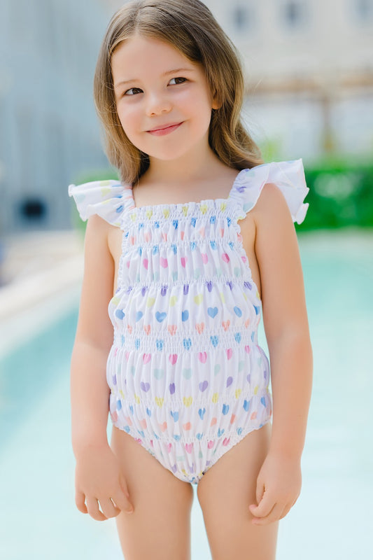 Sal & Pimenta Girls Swimsuit - Pastel Funny Hearts - Frilled - Bow on Back