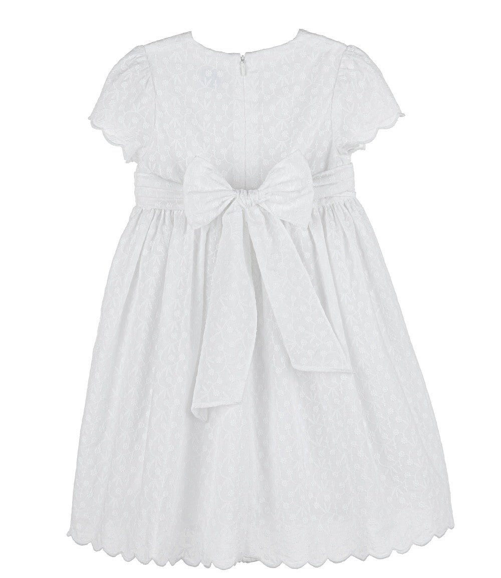 Luli & Me Girls Embroidered White Scallop Dress - Sash in Back