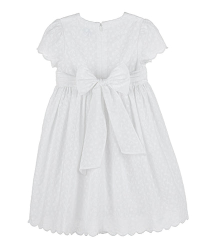 Luli & Me Girls Embroidered White Scallop Dress - Sash in Back