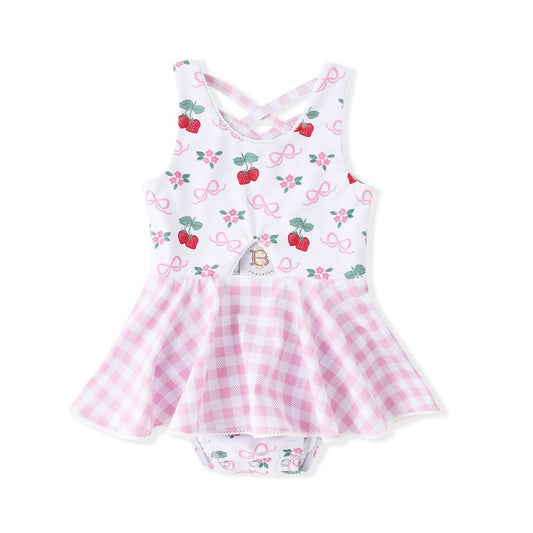 Swoon Baby Girls Pink Check Strawberry & Bows Skirted One Piece Swimsuit