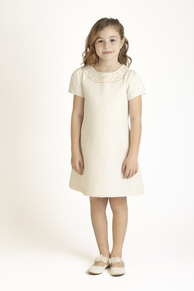 Luli & Me Girls Embroidery Tweed Shift Dress - Ivory