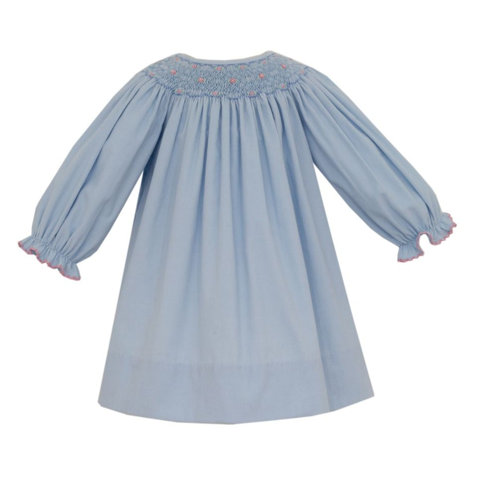 Petit Bebe Girls Blue Corduroy Smocked Bishop Dress - Long Sleeves