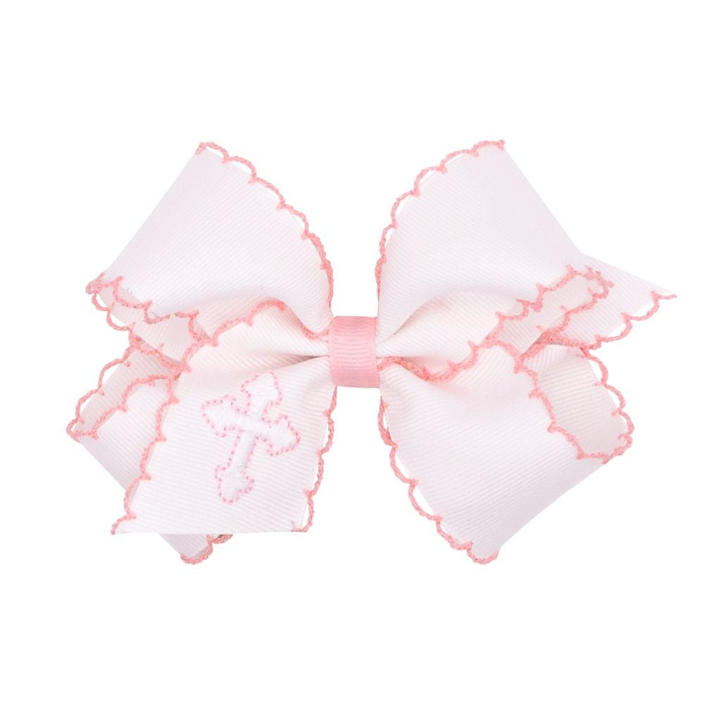 Wee Ones Girls Hair Bow on Clip - White with Pink Moonstitch - Embroidered Cross - Pink