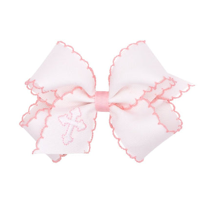 Wee Ones Girls Hair Bow on Clip - White with Pink Moonstitch - Embroidered Cross - Pink