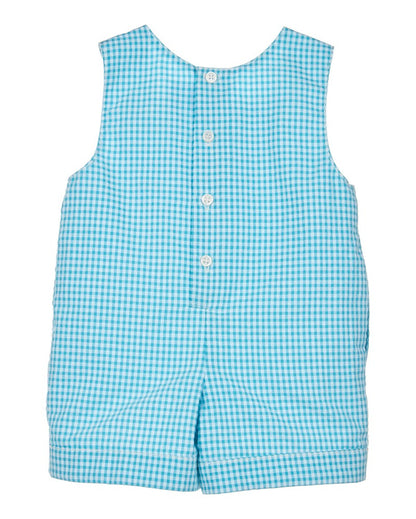 Luli & Me Baby / Toddler Boys Seersucker Check Shortall - Turquoise